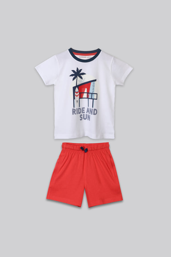 Boy's Shorts Set - White / Sun Red