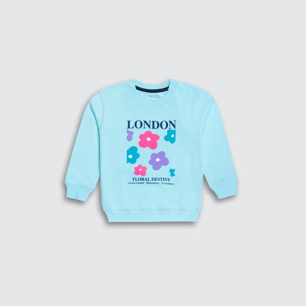 Girls Terry Printed Sweatshirt - Cyan Blue