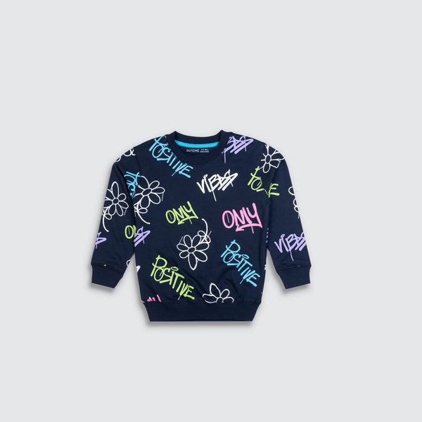 Girls Terry Printed Sweatshirt - Heart Navy