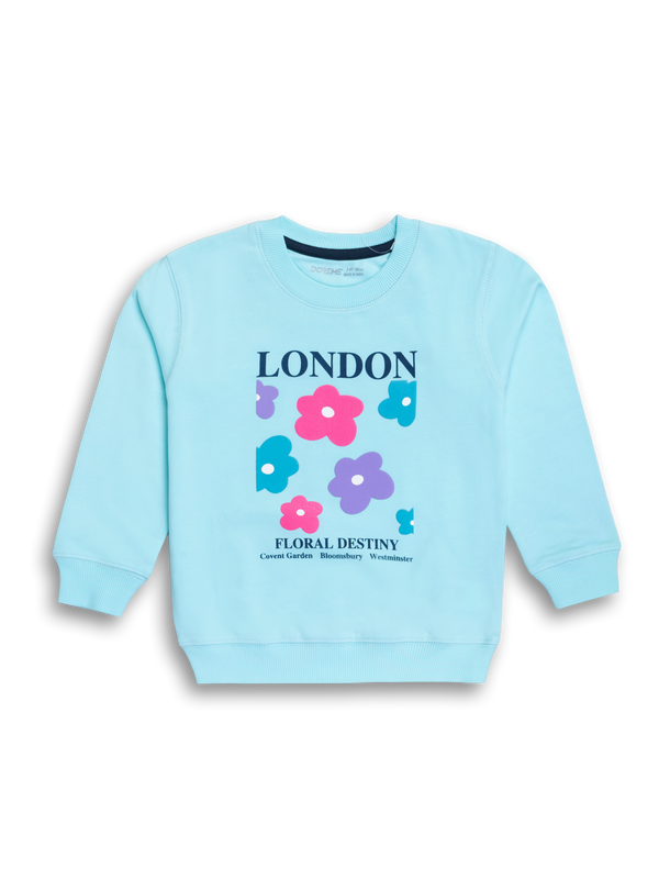 Girls Terry Printed Sweatshirt - Cyan Blue