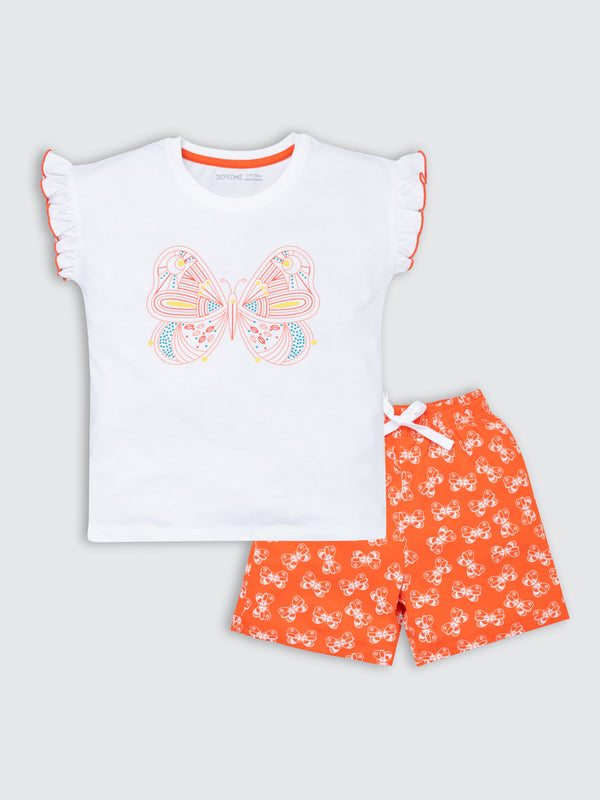 Girl's Butterfly Shorts Set - White/Butterfly Orange