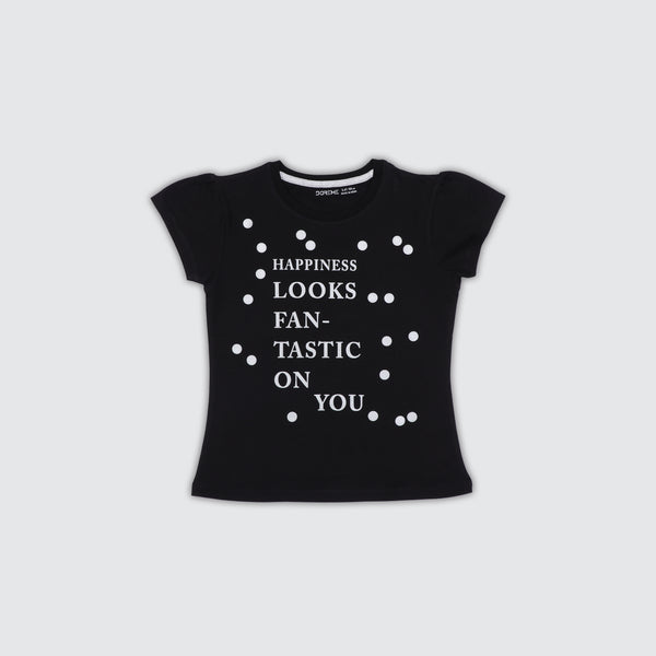 Girls Stretch Printed T-Shirt - Black