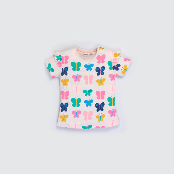 Girl's Stretch T-Shirt - Colorful Butterfly Print