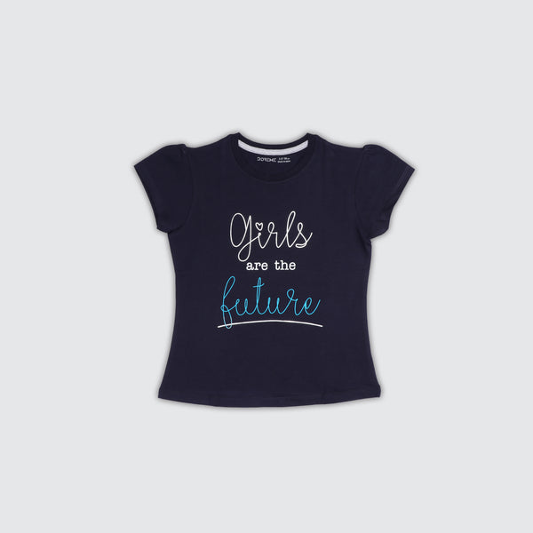 Girls Stretch Printed T-Shirt - Denim Blue