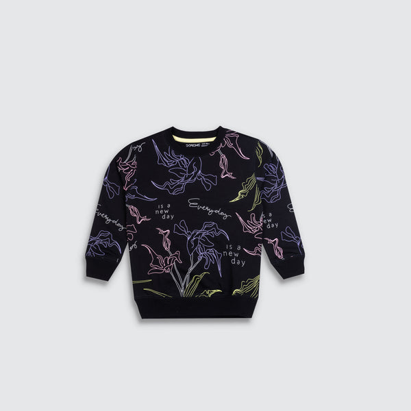 Girls Terry Printed Sweatshirt - Black