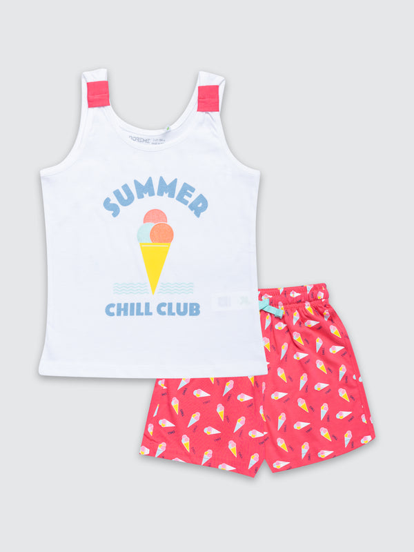 Girl's Ice Cream Shorts Set - White/Ice Cream Pink