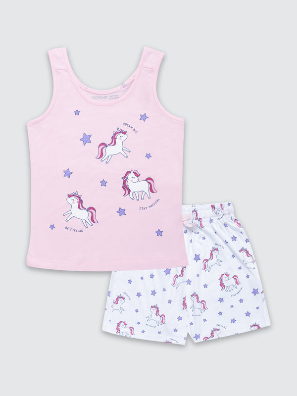 Girl's Unicorn Shorts Set - Candy Pink/White