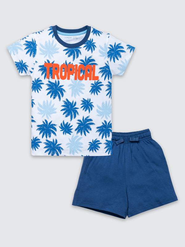 Boy's Shorts Set - White / Tropical Navy