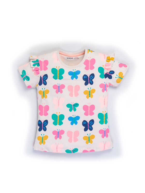 Girl's Stretch T-Shirt - Colorful Butterfly Print