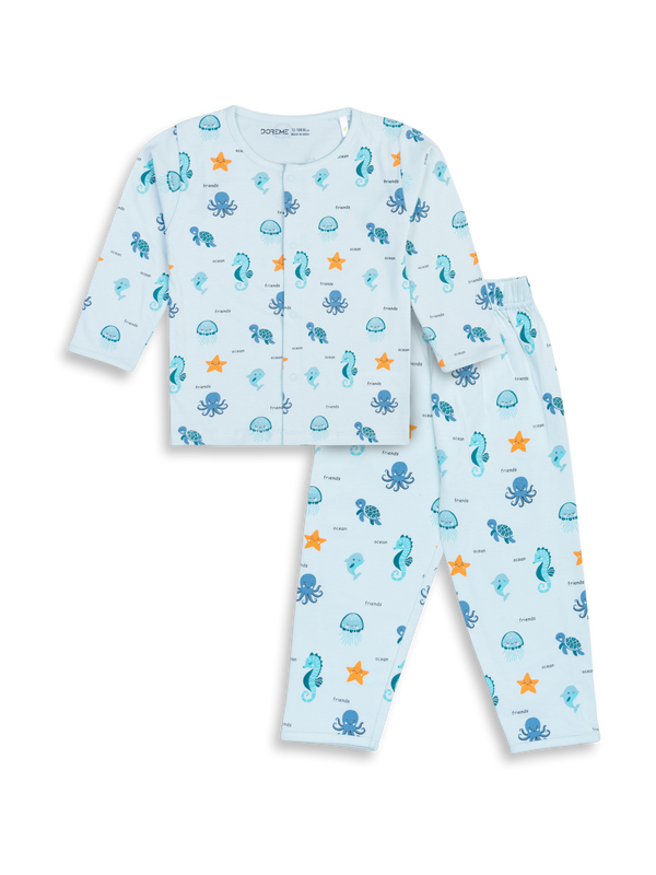 Newborn Front Open Pyjama Set - Ice Berg Blue