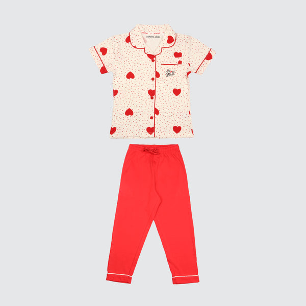 Girls Short Sleeve Front Open Pyjama Set - Red