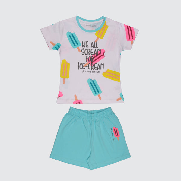 Girls Shorts Set -White/Gelato Blue